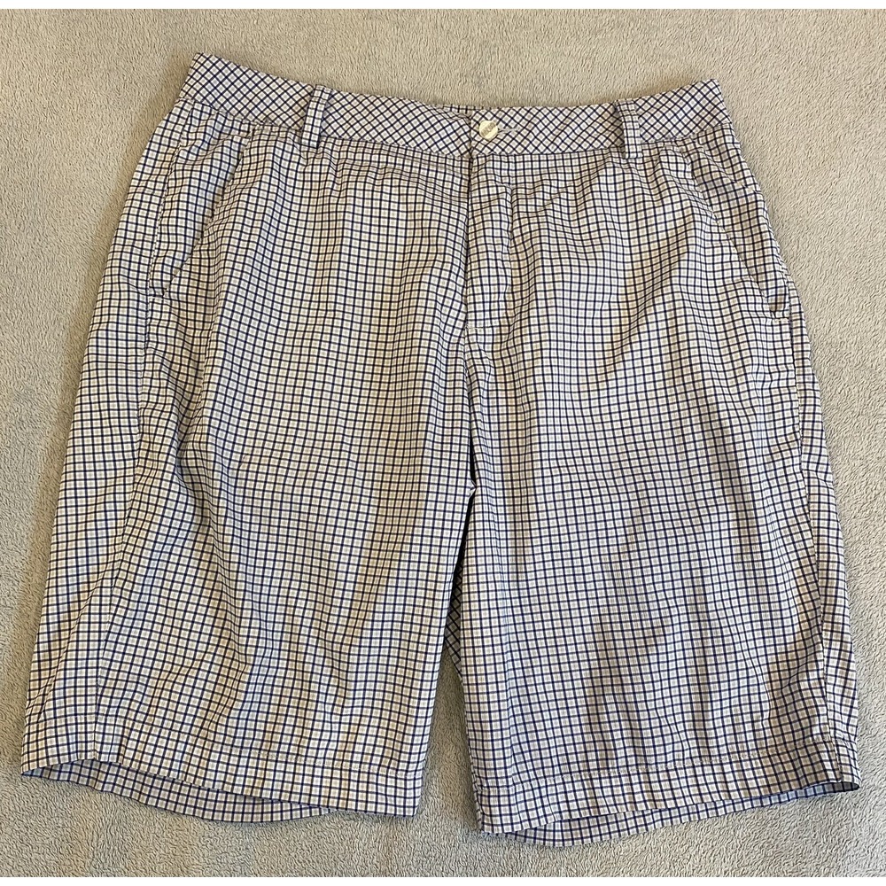 Mens Pima Golf Shorts 34 Plaid Blue Performance Stretch Size Chino Flat Front - Picture 1 of 7